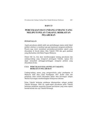 Percukaian dan Undang-Undang Pelan Takaful Berkaitan Pelaburan 603
BAB C13
PERCUKAIAN DAN UNDANG-UNDANG YANG
MELIPUTI PELAN TAKAFUL BERKAITAN
PELABURAN
PENGENALAN
Aspek percukaian adalah salah satu pertimbangan utama untuk bakal
pelabur sebelum ia membuat apa-apa keputusan mengenai pelaburan.
Peserta juga mesti memahami peruntukan-peruntukan seperti yang
dinyatakan di bawah dalam Akta Takaful 1984 dan garis panduan
yang dikeluarkan oleh Bank Negara Malaysia.
Dalam bab ini, kita akan membincangkan tentang percukaian dan
undang-undang yang mengawal perniagaan Takaful, supaya kita
dapat menasihati pelanggan-pelanggan mengenai perkara yang
dinyatakan di atas.
C13.1 PERCUKAIAN DALAM PELAN TAKAFUL
BERKAITAN PELABURAN
Undang-undang utama yang mengawalselia cukai pendapatan di
Malaysia ialah Akta Cukai Pendapatan 1967. Kadar cukai dan
pelepasan cukai (relief) dinyatakan dalam Akta Kewangan selepas
Menteri Kewangan membentangkan belanjawan tahunan.
Pelan Takaful berkaitan pelaburan dikategorikan sebagai produk
Takaful Keluarga. Oleh itu, aspek-aspek percukaian pelan Takaful
berkaitan pelaburan menerima layanan percukaian yang sama seperti
bentuk-bentuk lain sijil Takaful Keluarga.
 