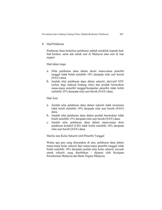 Percukaian dan Undang-Undang Pelan Takaful Berkaitan Pelaburan 607
4. Had Pelaburan
Pelaburan dana berkaitan pelaburan adalah tertakluk kepada had-
had berikut, sama ada untuk aset di Malaysia atau aset di luar
negara:
Had rakan niaga
a. Nilai pelaburan dana dalam ekuiti mana-mana penerbit
tunggal tidak boleh melebihi 10% daripada nilai aset bersih
(NAV) dana.
b. Jumlah nilai pelaburan dana dalam sekuriti, derivatif OTC
(selain bagi maksud lindung nilai) dan produk berstruktur
mana-mana penerbit tunggal/kumpulan penerbit tidak boleh
melebihi 25% daripada nilai aset bersih (NAV) dana.
Had Aset
a. Jumlah nilai pelaburan dana dalam sekuriti tidak tersenarai
tidak boleh melebihi 10% daripada nilai aset bersih (NAV)
dana.
b. Jumlah nilai pelaburan dana dalam produk berstruktur tidak
boleh melebihi 15% daripada nilai aset bersih (NAV) dana.
c. Jumlah nilai pelaburan dana dalam mana-mana skim
pelaburan kolektif (CIS) tidak boleh melebihi 10% daripada
nilai aset bersih (NAV) dana.
Had ke atas Kelas Sekuriti oleh Penerbit Tunggal
Walau apa pun yang dinyatakan di atas, pelaburan dana dalam
mana-mana kelas sekuriti dari mana-mana penerbit tunggal tidak
boleh melebihi 10% daripada jumlah nilai kelas sekuriti, kecuali
untuk sekuriti yang diterbitkan / dijamin oleh Kerajaan
Persekutuan Malaysia dan Bank Negara Malaysia.
 