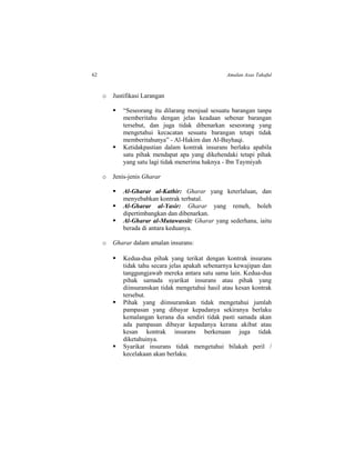 62 Amalan Asas Takaful
o Justifikasi Larangan
 “Seseorang itu dilarang menjual sesuatu barangan tanpa
memberitahu dengan jelas keadaan sebenar barangan
tersebut, dan juga tidak dibenarkan seseorang yang
mengetahui kecacatan sesuatu barangan tetapi tidak
memberitahunya” - Al-Hakim dan Al-Bayhaqi.
 Ketidakpastian dalam kontrak insurans berlaku apabila
satu pihak mendapat apa yang dikehendaki tetapi pihak
yang satu lagi tidak menerima haknya - Ibn Taymiyah
o Jenis-jenis Gharar
 Al-Gharar al-Kathir: Gharar yang keterlaluan, dan
menyebabkan kontrak terbatal.
 Al-Gharar al-Yasir: Gharar yang remeh, boleh
dipertimbangkan dan dibenarkan.
 Al-Gharar al-Mutawassit: Gharar yang sederhana, iaitu
berada di antara keduanya.
o Gharar dalam amalan insurans:
 Kedua-dua pihak yang terikat dengan kontrak insurans
tidak tahu secara jelas apakah sebenarnya kewajipan dan
tanggungjawab mereka antara satu sama lain. Kedua-dua
pihak samada syarikat insurans atau pihak yang
diinsuranskan tidak mengetahui hasil atau kesan kontrak
tersebut.
 Pihak yang diinsuranskan tidak mengetahui jumlah
pampasan yang dibayar kepadanya sekiranya berlaku
kemalangan kerana dia sendiri tidak pasti samada akan
ada pampasan dibayar kepadanya kerana akibat atau
kesan kontrak insurans berkenaan juga tidak
diketahuinya.
 Syarikat insurans tidak mengetahui bilakah peril /
kecelakaan akan berlaku.
 