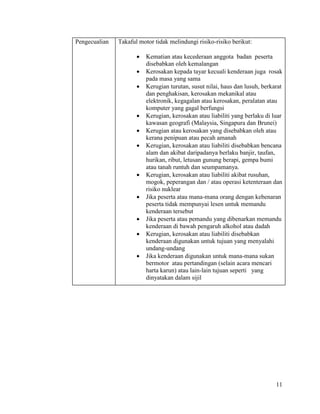 11
Pengecualian Takaful motor tidak melindungi risiko-risiko berikut:
 Kematian atau kecederaan anggota badan peserta
disebabkan oleh kemalangan
 Kerosakan kepada tayar kecuali kenderaan juga rosak
pada masa yang sama
 Kerugian turutan, susut nilai, haus dan lusuh, berkarat
dan penghakisan, kerosakan mekanikal atau
elektronik, kegagalan atau kerosakan, peralatan atau
komputer yang gagal berfungsi
 Kerugian, kerosakan atau liabiliti yang berlaku di luar
kawasan geografi (Malaysia, Singapura dan Brunei)
 Kerugian atau kerosakan yang disebabkan oleh atau
kerana penipuan atau pecah amanah
 Kerugian, kerosakan atau liabiliti disebabkan bencana
alam dan akibat daripadanya berlaku banjir, taufan,
hurikan, ribut, letusan gunung berapi, gempa bumi
atau tanah runtuh dan seumpamanya.
 Kerugian, kerosakan atau liabiliti akibat rusuhan,
mogok, peperangan dan / atau operasi ketenteraan dan
risiko nuklear
 Jika peserta atau mana-mana orang dengan kebenaran
peserta tidak mempunyai lesen untuk memandu
kenderaan tersebut
 Jika peserta atau pemandu yang dibenarkan memandu
kenderaan di bawah pengaruh alkohol atau dadah
 Kerugian, kerosakan atau liabiliti disebabkan
kenderaan digunakan untuk tujuan yang menyalahi
undang-undang
 Jika kenderaan digunakan untuk mana-mana sukan
bermotor atau pertandingan (selain acara mencari
harta karun) atau lain-lain tujuan seperti yang
dinyatakan dalam sijil
 