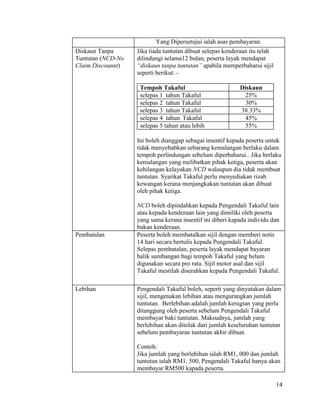 14
Yang Dipersetujui ialah asas pembayaran.
Diskaun Tanpa
Tuntutan (NCD-No
Claim Discounnt)
Jika tiada tuntutan dibuat selepas kenderaan itu telah
dilindungi selama12 bulan, peserta layak mendapat
“diskaun tanpa tuntutan” apabila memperbaharui sijil
seperti berikut: -
Tempoh Takaful Diskaun
selepas 1 tahun Takaful 25%
selepas 2 tahun Takaful 30%
selepas 3 tahun Takaful 38.33%
selepas 4 tahun Takaful 45%
selepas 5 tahun atau lebih 55%
Ini boleh dianggap sebagai insentif kepada peserta untuk
tidak menyebabkan sebarang kemalangan berlaku dalam
tempoh perlindungan sebelum diperbaharui.. Jika berlaku
kemalangan yang melibatkan pihak ketiga, peserta akan
kehilangan kelayakan NCD walaupun dia tidak membuat
tuntutan. Syarikat Takaful perlu menyediakan rizab
kewangan kerana menjangkakan tuntutan akan dibuat
oleh pihak ketiga.
NCD boleh dipindahkan kepada Pengendali Takaful lain
atau kepada kenderaan lain yang dimiliki oleh peserta
yang sama kerana insentif ini diberi kapada individu dan
bukan kenderaan.
Pembatalan Peserta boleh membatalkan sijil dengan memberi notis
14 hari secara bertulis kepada Pengendali Takaful.
Selepas pembatalan, peserta layak mendapat bayaran
balik sumbangan bagi tempoh Takaful yang belum
digunakan secara pro rata. Sijil motor asal dan sijil
Takaful mestilah diserahkan kepada Pengendali Takaful.
Lebihan Pengendali Takaful boleh, seperti yang dinyatakan dalam
sijil, mengenakan lebihan atau mengurangkan jumlah
tuntutan. Berlebihan adalah jumlah kerugian yang perlu
ditanggung oleh peserta sebelum Pengendali Takaful
membayar baki tuntutan. Maksudnya, jumlah yang
berlebihan akan ditolak dari jumlah keseluruhan tuntutan
sebelum pembayaran tuntutan akhir dibuat.
Contoh:
Jika jumlah yang berlebihan ialah RM1, 000 dan jumlah
tuntutan ialah RM1, 500, Pengendali Takaful hanya akan
membayar RM500 kapada peserta.
 