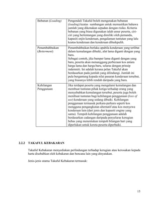 15
Bebanan (Loading) Pengendali Takaful boleh mengenakan bebanan
(loading) keatas sumbangan untuk memastikan bahawa
jumlah yang dikenakan sepadan dengan risiko. Kriteria
bebanan yang biasa digunakan ialah umur peserta, ciri-
ciri yang bertentangan yang dimiliki oleh pemandu,
kapasiti enjin kenderaan, pengalaman tuntutan yang lalu
keatas kenderaan dan kenderaan dibaikpulih.
Penambahbaikan
(Betterment)
Penambahbaikan berlaku apabila kenderaan yang terlibat
dalam kemalangan dibaiki, alat lama diganti dengan yang
baru.
Sebagai contoh, jika bamper lama diganti dengan yang
baru, peserta akan menanggung perbezaan kos antara
harga lama dan harga baru, selaras dengan prinsip
indemniti. Ini adalah kerana pelan Takaful akan
berdasarkan pada jumlah yang dilindungi. Jumlah ini
pula bergantung kepada nilai pasaran kenderaan tersebut,
yang biasanya lebih rendah daripada yang baru.
Kehilangan
Penggunaan
Jika terdapat peserta yang mengalami kemalangan dan
membuat tuntutan pihak ketiga terhadap orang yang
menyebabkan kemalangan tersebut, peserta juga boleh
membuat tuntutan bagi kehilangan penggunaan (loss of
use) kenderaan yang sedang dibaiki. Kehilangan
penggunaan termasuk perkara-perkara seperti kos
mengguna pengangkutan alternatif atau kos menyewa
kenderaan lain (dari jenis dan kapasiti engine yang
sama). Tempoh kehilangan penggunaan adalah
berdasarkan cadangan daripada penyelaras kerugian
bebas yang menentukan tempoh bilangan hari yang
diperlukan untuk kereta peserta diperbaiki.
2.2.2 TAKAFUL KEBAKARAN
Takaful Kebakaran menyediakan perlindungan terhadap kerugian atau kerosakan kepada
harta disebabkan oleh kebakaran dan bencana lain yang dinyatakan.
Jenis-jenis utama Takaful Kebakaran termasuk:
 