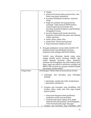 19
 letupan
 pesawat dan peranti udara yang lain dan / atau
benda yang gugur daripadanya
 kerosakan disebabkan kenderaan , kuda dan
lembu
 tangki air, peralatan atau paip pecah dan
melimpah , tidak termasuk RM50 pertama
setiap kerugian dan kemusnahan atau
kerosakan manakala bangunan yang dilindungi
ditinggalkan kosong
 kecurian dengan pecah masuk atau keluar
bangunan secara paksa dan ganas atau sebarang
cubaan sepertinya
 taufan, siklon, taufan, ribut
 gempa bumi, letusan gunung berapi
 banjir (termasuk limpahan air laut)
b. Kerugian pendapatan sewaan (tidak melebihi 10%
daripada jumlah yang dilindungi) sekiranya
bangunan rosak sehingga tidak boleh didiami.
Liabiliti yang dilindungi kepada orang ramai
sebagai pemilik premis (termasuk liabiliti yang
timbul daripada kecacatan dalam bangunan,
peralatan dan kelengkapan atau pada dinding, pintu
pagar, pagar dan pokok di sekitarnya) sehingga had
RM10, 000 termasuk kos guaman tertakluk kepada
persetujuan syarikat takaful.
Pengecualian Perlindungan Takaful tidak termasuk perkara berikut:
a. kehilangan atau kerosakan yang berbangkit
daripada
• peperangan, rusuhan dan risiko seumpamanya
• pencemaran radioaktiviti
b. kerugian atau kerosakan yang disebabkan oleh
hurikan, siklon, taufan atau ribut angin kepada
perkara berikut:
• mana-mana bangunan dalam pembinaan,
pembinaan semula atau pembaikan
• cerobong asap logam, kajang, birai, papan
tanda dan lain-lain peralatan dan kelengkapan
di luar termasuk pintu pagar dan pagar
c. kerugian atau kerosakan yang disebabkan oleh
 