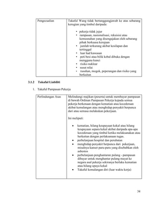 34
Pengecualian Takaful Wang tidak bertanggungjawab ke atas sebarang
kerugian yang timbul daripada:
• pekerja tidak jujur
• rampasan, nasionalisasi, rekuisisi atau
kemusnahan yang disengajakan oleh sebarang
pihak berkuasa kerajaan
• jumlah terkurang akibat kesilapan dan
tertinggal
• luar had kawasan
• peti besi atau bilik kebal dibuka dengan
mengguna kunci
• risiko nuklear
• susut nilai
• rusuhan, mogok, peperangan dan risiko yang
berkaitan
3.1.2 Takaful Liabiliti
1. Takaful Pampasan Pekerja
Perlindungan Asas Melindungi majikan (peserta) untuk membayar pampasan
di bawah Ordinan Pampasan Pekerja kepada semua
pekerja berkenaan dengan kematian atau kecederaan
akibat kemalangan atau menghidap penyakit berpunca
dari atau semasa melakukan pekerjaan.
Ini meliputi:
 kematian, hilang keupayaan kekal atau hilang
keupayaan separa kekal akibat daripada apa-apa
kecederaan yang timbul ketika melaksanakan atau
berkaitan dengan perlaksanaan tugas.
 perbelanjaan hospital dan perubatan
 menghidap penyakit berpunca dari pekerjaan,
misalnya kanser paru-paru yang disebabkan oleh
asbestos
 perbelanjaan penghantaran pulang - pampasan
dibayar untuk menghantar pulang mayat ke
negara asal pekerja sekiranya berlaku kematian
atau hilang upaya kekal
 Takaful kemalangan diri (luar waktu kerja)
 