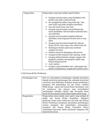 45
Pengecualian Pengecualian yang biasa adalah seperti berikut:
 kerugian atau kerosakan yang disebabkan reka
bentuk yang tidak sempurna/rosak
 Kos penggantian bahan yang rosak dan / atau
mutu kerja yang tidak mengikut spesifikasi
 haus dan lusuh, karat, dan susut
 kerugian atau kerosakan loji pembinaan dan
mesin disebabkan oleh kerosakan mekanikal dan /
atau elektrikal
 kerugian atau kerosakan kepada kenderaan
dilesenkan untuk kegunaan di darat atau air atau
udara
 kerugian atau kerosakan kepada fail, lukisan,
akaun, bil-bil, mata wang, nota, sekuriti dan cek
 Kehilangan disedari pada masa membuat
semakan inventori
 lebihan yang perlu ditanggung oleh peserta
 kerugian turutan berpunca dari sebarang sebab
 kerugian akibat perbuatan dengan sengaja oleh
pengarah, pengurus atau pengurus tapak yang
bekerja dengan peserta
 risiko nuklear
 kerugian yang disebabkan oleh peperangan dan
operasi seumpamanya, mogok dan rusuhan awam
5. Sijil Semua Risiko Pembinaan
Perlindungan Asas Sijil ini menyediakan perlindungan terhadap kerosakan
kepada kerja-kerja pemasangan dan sebarang kerja-kerja
sementara yang dijalankan berkaitan dengan pembinaan,
pengujian dan pentauliahan loji dan mesin. Liabiliti
Pihak Ketiga - seperti sijil Semua Risiko Kontraktor, sijil
ini mempunyai satu seksyen yang menyediakan
perlindungan terhadap liabiliti bagi kerosakan harta
benda dan kecederaan tubuh badan kepada pihak ketiga.
Pengecualian Pengecualian utama adalah sama seperti yang terdapat di
dalam sijil Semua Risiko Kontraktor. Mungkin
perbezaan utama antara kedua-dua sijil ialah sijil Semua
Risiko Pembinaan mempunyai peruntukan perlindungan
semasa pengujian dan pentauliahan pemasangan,
manakala sijil Semua Risiko Kontraktor hanya
melindungi kerja-kerja dalam kejuteraan bangunan dan
kejuruteraan awam.
 