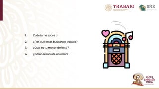 1. Cuéntame sobre ti
2. ¿Por qué estas buscando trabajo?
3. ¿Cuál es tu mayor defecto?
4. ¿Cómo resolviste un error?
 
