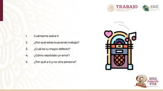 1. Cuéntame sobre ti
2. ¿Por qué estas buscando trabajo?
3. ¿Cuál es tu mayor defecto?
4. ¿Cómo resolviste un error?
5. ¿Por qué a ti y no otra persona?
 