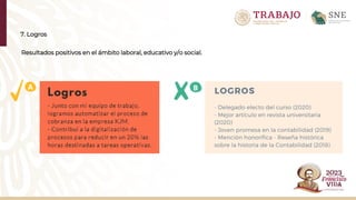7. Logros
Resultados positivos en el ámbito laboral, educativo y/o social.
A B
 