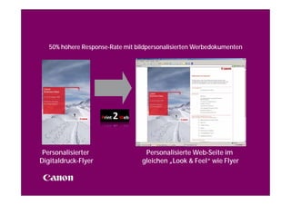Medienbrücken bauen
   50% höhere Response-Rate mit bildpersonalisierten Werbedokumenten




 Personalisierter                  Personalisierte Web-Seite im
Digitaldruck-Flyer                gleichen „Look & Feel“ wie Flyer
 