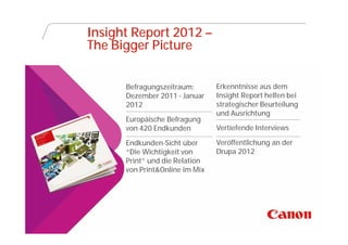 Insight Report 2012 –
                The Bigger Picture


                      Befragungszeitraum:       Erkenntnisse aus dem
                      Dezember 2011 - Januar    Insight Report helfen bei
                      2012                      strategischer Beurteilung
                                                und Ausrichtung
                      Europäische Befragung
                      von 420 Endkunden         Vertiefende Interviews

                      Endkunden-Sicht über      Veröffentlichung an der
                      “Die Wichtigkeit von      Drupa 2012
                      Print” und die Relation
                      von Print&Online im Mix




Canon @ DRUPA
 