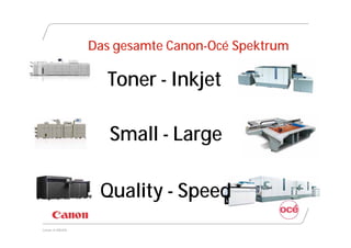 Das gesamte Canon-Océ Spektrum

                  Toner - Inkjet

                   Small - Large

                 Quality - Speed
Canon @ DRUPA
 
