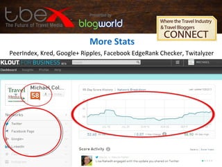 More Stats
PeerIndex, Kred, Google+ Ripples, Facebook EdgeRank Checker, Twitalyzer
•We do this in our office. My staff have separate work and personal pages
 