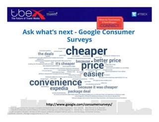 Ask what’s next - Google Consumer
Surveys
Source: Google Consumer Surveys: Canadian Airline & Online Travel Agent Purchase Habits. Feb 5th – Feb 27th 2013. Q. Why did
you decide to book your airline ticket on an Online Travel Agency's site like Expedia, Travelocity etc., instead of with an airline direct
like Air Canada or WestJet? Sample of 500 unique, randomly sampled internet users across the Google Consumer Surveys
publisher network. Average margin of error is +/- 4%.
h7p://www.google.com/consumersurveys/$
 