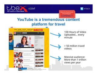 YouTube is a tremendous content
platform for travel
7
> 50 million travel
videos
100 Hours of Video
Uploaded… every
minute
Massive audience:
More than 1 trillion
views per year
 