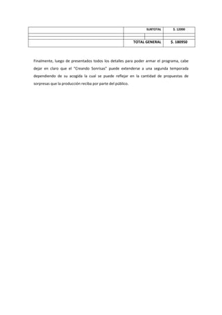 SUBTOTAL $. 12000
TOTAL GENERAL $. 180950
Finalmente, luego de presentados todos los detalles para poder armar el programa, cabe
dejar en claro que el “Creando Sonrisas” puede extenderse a una segunda temporada
dependiendo de su acogida la cual se puede reflejar en la cantidad de propuestas de
sorpresas que la producción reciba por parte del público.
 