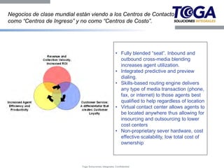 Negocios de clase mundial están viendo a los Centros de Contacto
como “Centros de Ingreso” y no como “Centros de Costo”.




                                                       • Fully blended “seat”. Inbound and
                                                         outbound cross-media blending
                                                         increases agent utilization.
                                                       • Integrated predictive and preview
                                                         dialing.
                                                       • Skills-based routing engine delivers
                                                         any type of media transaction (phone,
                                                         fax, or internet) to those agents best
                                                         qualified to help regardless of location
                                                       • Virtual contact center allows agents to
                                                         be located anywhere thus allowing for
                                                         insourcing and outsourcing to lower
                                                         cost centers
                                                       • Non-proprietary sever hardware, cost
                                                         effective scalability, low total cost of
                                                         ownership



                            Toga Soluciones Integrales Confidential
 