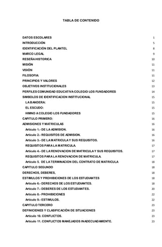 TABLA DE CONTENIDO
DATOS ESCOLARES 1
INTRODUCCIÓN 5
IDENTIFICACIÓN DEL PLANTEL 8
MARCO LEGAL 9
RESEÑAHISTORICA 10
MISIÓN 11
VISIÓN 11
FILOSOFIA: 11
PRINCIPIOS Y VALORES 12
OBJETIVOS INSTITUCIONALES 13
PERFILES COMUNIDAD EDUCATIVACOLEGIO LOS FUNDADORES 14
SIMBOLOS DE IDENTIFICACION INSTITUCIONAL 15
LABANDERA: 15
EL ESCUDO: 15
HIMNO ACOLEGIO LOS FUNDADORES 15
CAPITULO PRIMERO: 16
ADMISIONES Y MATRICULAS 16
Artículo 1.- DE LA ADMISION. 16
Artículo 2.- REQUISITOS DE ADMISION. 16
Artículo 3.- DE LAMATRICULAY SUS REQUISITOS. 16
REQUISITOS PARALA MATRICULA. 17
Artículo 4.- DE LARENOVACION DE MATRICULAY SUS REQUISITOS. 17
REQUISITOS PARALA RENOVACION DE MATRICULA. 17
Artículo 5. DE LATERMINACION DEL CONTRATO DE MATRICULA 18
CAPITULO SEGUNDO 18
DERECHOS, DEBERES, 18
ESTIMULOS Y PROHIBICIONES DE LOS ESTUDIANTES 18
Artículo 6.- DERECHOS DE LOS ESTUDIANTES. 18
Artículo 7.- DEBERES DE LOS ESTUDIANTES. 20
Artículo 8.- PROHIBICIONES 22
Artículo 9.- ESTIMULOS. 22
CAPITULO TERCERO 23
DEFINICIONES Y CLASIFICACIÓN DE SITUACIONES 23
Artículo 10. CONFLICTOS. 23
Artículo 11. CONFLICTOS MANEJADOS INADECUADAMENTE. 23
 