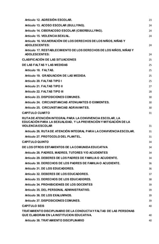 Artículo 12. AGRESIÓN ESCOLAR. 23
Artículo 13. ACOSO ESCOLAR (BULLYING). 24
Artículo 14. CIBERACOSO ESCOLAR (CIBERBULLYING). 24
Artículo 15. VIOLENCIASEXUAL. 24
Artículo 16. VULNERACIÓN DE LOS DERECHOS DE LOS NIÑOS, NIÑAS Y
ADOLESCENTES: 24
Artículo 17. RESTABLECIMIENTO DE LOS DERECHOS DE LOS NIÑOS, NIÑAS Y
ADOLESCENTES: 24
CLASIFICACIÓN DE LAS SITUACIONES 25
DE LAS FALTAS Y LAS MEDIDAS 25
Artículo 18. FALTAS. 25
Artículo 19. GRADUACION DE LAS MEDIDA. 25
Artículo 20. FALTAS TIPO I 25
Artículo 21. FALTAS TIPO II 27
Artículo 22. FALTAS TIPO III 28
Artículo 23. DISPOSICIONES COMUNES. 30
Artículo 24. CIRCUNSTANCIAS ATENUANTES O EXIMENTES. 30
Artículo 25. CIRCUNSTANCIAS AGRAVANTES. 30
CAPITULO CUARTO 31
RUTADE ATENCIÓN INTEGRAL PARA LA CONVIVENCIA ESCOLAR, LA
EDUCACIÓN PARA LA SEXUALIDAD, Y LA PREVENCIÓN Y MITIGACIÓN DE LA
VIOLENCIAESCOLAR 31
Artículo 26. RUTADE ATENCIÓN INTEGRAL PARA LACONVIVENCIAESCOLAR. 31
Artículo 27. PROTOCOLO DEL PLANTEL. 31
CAPITULO QUINTO 34
DE LOS OTROS ESTAMENTOS DE LACOMUNIDAEDUCATIVA 34
Artículo 28. PADRES, MADRES, TUTORES Y/O ACUDIENTES 34
Artículo 29. DEBERES DE LOS PADRES DE FAMILIAO ACUDIENTE. 34
Artículo 30. DERECHOS DE LOS PADRES DE FAMILIAO ACUDIENTE. 36
Artículo 31. DE LOS EDUCADORES. 36
Artículo 32. DEBERES DE LOS EDUCADORES. 37
Artículo 33. DERECHOS DE LOS EDUCADORES. 38
Artículo 34. PROHIBICIONES DE LOS DOCENTES 39
Artículo 35. DEL PERSONAL ADMINISTRATIVO. 39
Artículo 36. DE LOS EXALUMNOS. 39
Artículo 37. DISPOSICIONES COMUNES. 39
CAPITULO SEIS 40
TRATAMIENTO DISCIPLINARIO DE LA CONDUCTAY FALTAS DE LAS PERSONAS
QUE ELABORAN EN LAINSTITUCION EDUCATIVA. 40
Artículo 38. TRATAMIENTO DISCIPLINARIO 40
 