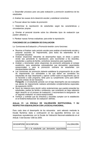 c. Desarrollar procesos para una justa evaluación y promoción académica de los
estudiantes
d. Analizar las causas de la deserción escolar y establecer correctivos
e. Procurar elevar los niveles de promoción
f. Determinar la reprobación de estudiantes según las características y
circunstancias propias
g. Orientar al personal docente sobre los diferentes tipos de evaluación que
pueden utilizarse y
h. Plantear nuevas formas evaluativas para evitar la reprobación.
FUNCIONES DE LA COMISION DE EVALUACION
La Comisiones de Evaluación y Promoción tendrán como funciones:
● Reunirse al finalizar cada periodo escolar para analizar el rendimiento escolar y
proponer acciones de mejoramiento, para todos los estamentos de la
comunidad educativa.
● Analizar situaciones relevantes de desempeños bajos, en áreas o grados
donde sea persistente la reprobación, para recomendar a los docentes,
estudiantes y padres de familia, correctivos necesarios para superarlos.
● Analizar y recomendar sobre situaciones de promoción anticipada al consejo
académico, para estudiantes sobresalientes que demuestren capacidades
excepcionales o para la promoción ordinaria de estudiantes con
discapacidades notorias.
● Las comisiones de promoción deberán establecer la programación de un plan
de mejoramiento con actividades a las que deben ser sometidos los
estudiantes de bajo desempeño y ejercer control sobre el seguimiento que se
va haciendo a este programa, tanto para su cumplimiento como para definir
acciones anexas de ser necesario.
Parágrafo: si el estudiante persiste con el bajo desempeño una vez evaluados
sus planes de mejoramiento realizara actividades complementarias especiales
de superación ACES.
● Servir de instancia para decidir sobre reclamaciones que puedan presentar los
estudiantes, padres de familia o profesores, que consideren se haya vulnerado
algún derecho en el proceso de evaluación, y recomendará la designación de
un segundo evaluador en casos excepcionales.
● Verificar y controlar que los directivos y docentes cumplan con lo establecido
en el Sistema Institucional de evaluación definido.
Artículo 51: LA ESCALA DE VALORACIÓN INSTITUCIONAL Y SU
RESPECTIVA EQUIVALENCIA CON LA ESCALA NACIONAL.
Para cada área el desempeño de los educandos será valorado mediante la
Escala Numérica dada a continuación en los siguientes términos con sus
respectivas equivalencias con la Escala de Valoración Nacional establecida en el
Artículo 5 del Decreto 1290 de 2009.
DESEMPEÑO DESCRIPCIÓN VALORACIÓN
El o la estudiante que demuestre capacidades
 