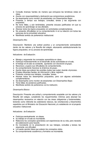 ● Consulta diversas fuentes de manera que enriquece las temáticas vistas en
clase.
● Asume con responsabilidad y dedicación sus compromisos académicos.
● Se desempeña como monitor de estudiantes con Desempeños Bajos
● Presenta a tiempo sus trabajos, consultas, tareas y las argumenta con
propiedad.
● No tiene fallas, y aún teniéndolas, presenta excusas justificadas sin que su
proceso de aprendizaje se vea afectado.
● Alcanza todos los logros propuestos sin actividades complementarias.
● No presenta dificultades en su comportamiento ni en su relación con todas las
personas de la comunidad educativa.
● Manifiesta sentido de pertenencia institucional.
Desempeño Alto:
Descripción: Mantiene una actitud positiva y un comportamiento sobresaliente
dentro de los valores y la filosofía del colegio, alcanzando satisfactoriamente los
logros propuestos, en su proceso de aprendizaje.
Indicadores de Evaluación:
● Maneja y argumenta los conceptos aprendidos en clase.
● Participa moderadamente en el desarrollo de las actividades en el aula.
● El trabajo en el aula es constante, aportando con discreción al grupo.
● Reconoce y supera sus dificultades de comportamiento.
● Su comportamiento favorece la dinámica de grupo.
● Aporta ideas que aclaran las posibles dudas que surjan durante el proceso.
● Emplea diferentes fuentes de información y lleva registros.
● Presenta a tiempo sus trabajos, consultas, tareas.
● Alcanza todos los desempeños propuestos, pero con algunas actividades
complementarias.
● Se desempeña como monitor de estudiantes con Desempeños Bajos
● Tiene faltas de asistencia justificadas.
● Manifiesta sentido de pertenencia con la institución.
Desempeño Básico:
Descripción: Presenta una actitud y comportamiento aceptable con los valores y la
filosofía del colegio, cumpliendo los requerimientos mínimos para alcanzar los
desempeños necesarios en relación con las áreas obligatorias y fundamentales,
teniendo como referente los estándares básicos, las orientaciones y lineamientos
expedidos por el Ministerio de Educación Nacional y lo establecido en el proyecto
educativo institucional.
Indicadores de Evaluación:
● Participa eventualmente en clases.
● Su trabajo en el aula es inconstante.
● Relaciona los conceptos aprendidos con experiencias de su vida, pero necesita
de colaboración para hacerlo.
● Es inconstante en la presentación de sus trabajos, consultas y tareas; las
argumenta con dificultad.
● Le cuesta aportar ideas que aclaren los conceptos vistos.
● Su comportamiento académico y formativo es inconstante.
 