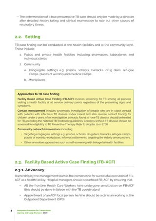 Integrated Guideline for Tuberculosis,
Leprosy and Lung Disease | 2021
9
• In liaison with the ACF focal person, each serv...