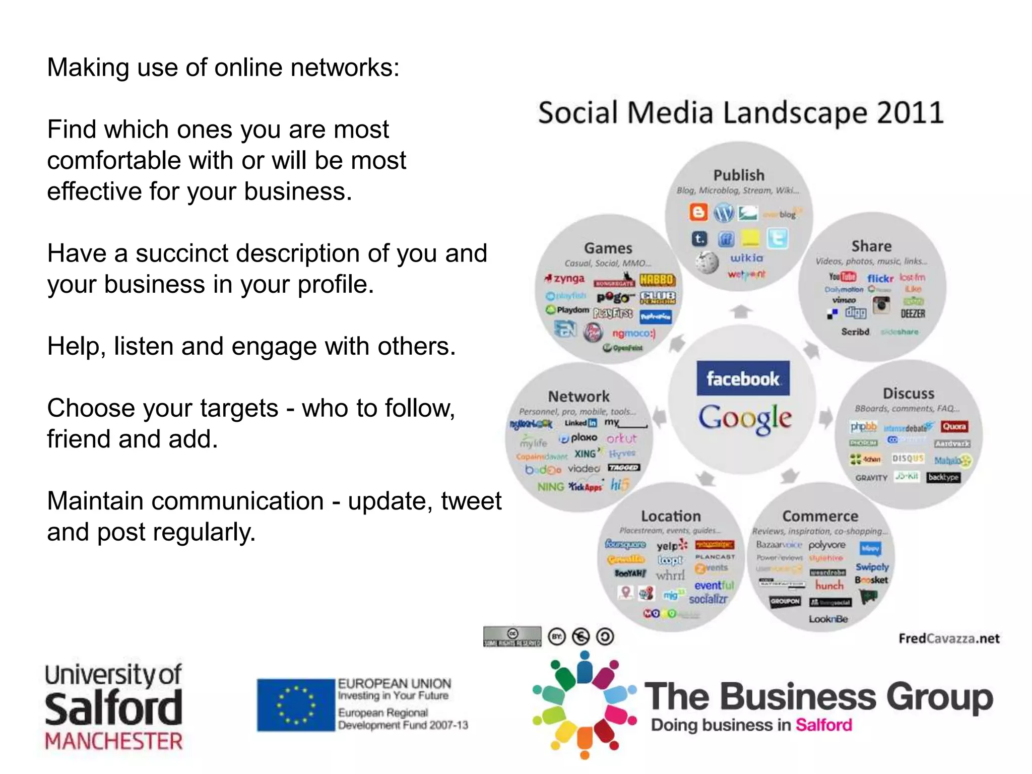 Making use of online networks:
Find which ones you are most
comfortable with or will be most
effective for your business.
Have a succinct description of you and
your business in your profile.
Help, listen and engage with others.
Choose your targets - who to follow,
friend and add.
Maintain communication - update, tweet
and post regularly.
 