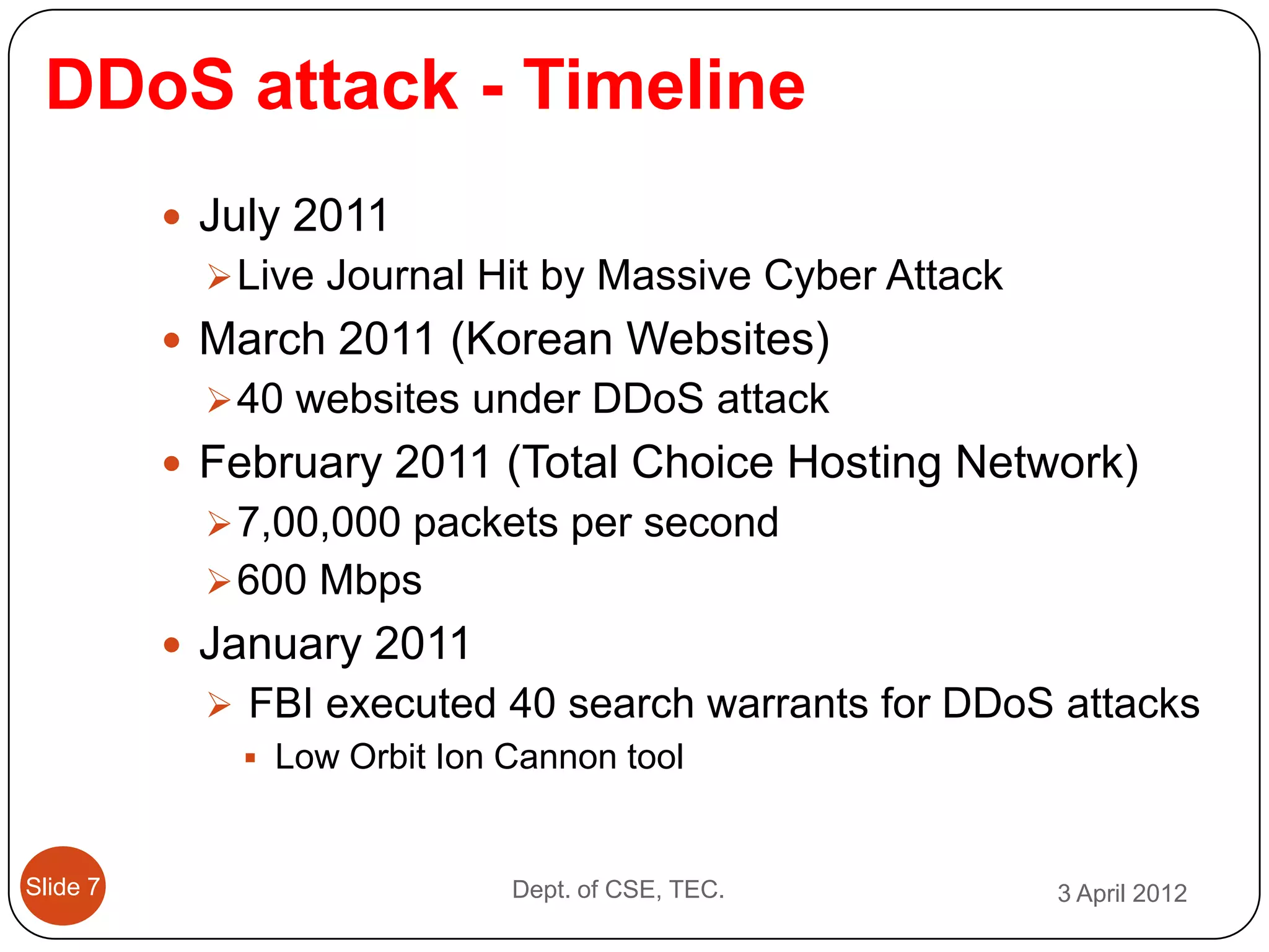 DDoS attack - Timeline
           July 2011
             Live Journal Hit by Massive Cyber Attack
           March 2011 (Korean Websites)
             40 websites under DDoS attack
           February 2011 (Total Choice Hosting Network)
             7,00,000 packets per second
             600 Mbps
           January 2011
             FBI executed 40 search warrants for DDoS attacks
               Low Orbit Ion Cannon tool



Slide 7                     Dept. of CSE, TEC.           3 April 2012
 