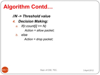Algorithm Contd…
           //N -> Threshold value
           4. Decision Making:
            a.   If(r.count[i] >= N)
                   Action = allow packet;
            b.   else
                   Action = drop packet;




ݺߣ 12                       Dept. of CSE, TEC.   3 April 2012
 