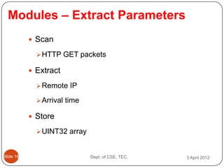 Modules – Extract Parameters
            Scan

              HTTP GET packets

            Extract

              Remote IP

              Arrival time

            Store

              UINT32 array


ݺߣ 16                      Dept. of CSE, TEC.   3 April 2012
 