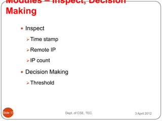 Modules – Inspect, Decision
  Making
            Inspect

              Time stamp

              Remote IP

              IP count

            Decision Making

              Threshold




ݺߣ 17                    Dept. of CSE, TEC.   3 April 2012
 