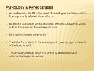 PATHOLOGY & PATHOGENESIS
 Any osteo-articular TB is the result of hematogenous dissemination
from a primarily infected visceral focus.
 Reach the joint space via bloodstream through subsynovial vessel
or from the lesions in the epiphyseal bone.
 Destructions begins peripherally
 The initial focus starts in the metaphysis in growing age or the end
of the bone in adult.
 The articular cartilage loses its nutrition & attachment when
subchondral region is involved.
 