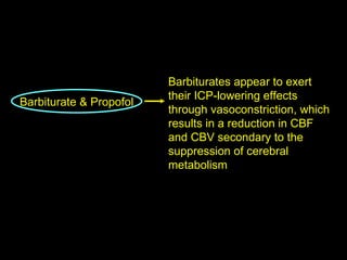 Barbiturate & Propofol Barbiturates appear to exert their ICP-lowering effects through vasoconstriction, which results in a reduction in CBF and CBV secondary to the suppression of cerebral metabolism 