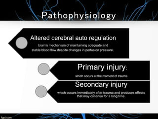 Pathophysiology
Altered cerebral auto regulation
brain’s mechanism of maintaining adequate and
stable blood flow despite changes in perfusion pressure.
Primary injury:
which occurs at the moment of trauma
Secondary injury
which occurs immediately after trauma and produces effects
that may continue for a long time.
 