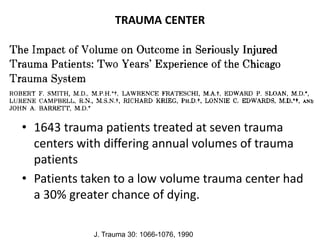 • 1643 trauma patients treated at seven trauma
centers with differing annual volumes of trauma
patients
• Patients taken to a low volume trauma center had
a 30% greater chance of dying.
J. Trauma 30: 1066-1076, 1990
TRAUMA CENTER
 