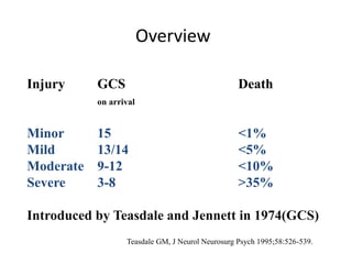 Overview
Injury GCS Death
on arrival
Minor 15 <1%
Mild 13/14 <5%
Moderate 9-12 <10%
Severe 3-8 >35%
Introduced by Teasdale and Jennett in 1974(GCS)
Teasdale GM, J Neurol Neurosurg Psych 1995;58:526-539.
 