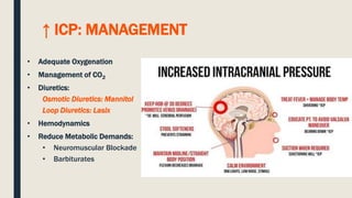 ↑ ICP: MANAGEMENT
• Adequate Oxygenation
• Management of CO2
• Diuretics:
Osmotic Diuretics: Mannitol
Loop Diuretics: Lasix
• Hemodynamics
• Reduce Metabolic Demands:
• Neuromuscular Blockade
• Barbiturates
 