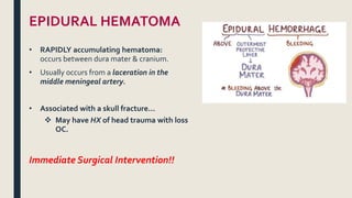EPIDURAL HEMATOMA
• RAPIDLY accumulating hematoma:
occurs between dura mater & cranium.
• Usually occurs from a laceration in the
middle meningeal artery.
• Associated with a skull fracture…
 May have HX of head trauma with loss
OC.
Immediate Surgical Intervention!!
 