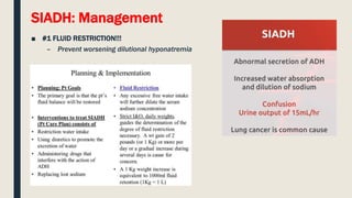 ■ #1 FLUID RESTRICTION!!!
– Prevent worsening dilutional hyponatremia
SIADH: Management
 