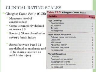  Glasgow Coma Scale (GCS)
 Measures level of
consciousness
 Coma is commonly defined
as scores ≤ 8
 Scores ≤ 58 are classified as
severe brain injury

Scores between 9 and 12
are defined as moderate and
13 to 15 are classified as
mild brain injury
CLINICAL RATING SCALES
 