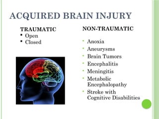 ACQUIRED BRAIN INJURY
NON-TRAUMATIC
 Anoxia
 Aneurysms
 Brain Tumors
 Encephalitis
 Meningitis
 Metabolic
Encephalopathy
 Stroke with
Cognitive Disabilities
TRAUMATIC
 Open
 Closed
 