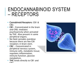 ENDOGENOUS
CANNABINOIDS
 Major eCBs: Anandamide and
2AG.
 Metabolic Enzymes: FAAH,
MAGL and other proteins
involved in t...
