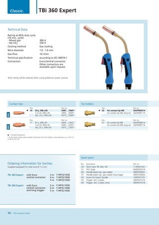 Classic.                                 TBi 360 Expert


Technical Data
Rating at 60% duty cycle
(10 min. cycle)
- Mixed gas:                                    300 A
- bei CO2:                                      330 A
Cooling method                                  Gas cooling
Wire diameter                                   1.0 - 1.6 mm
Gas flow                                        16 l /min
Technical specification                         according to IEC 60974-7
Connection                                      Euro-Central connector
                                                Other connectors are
                                                available upon request.



Torch rating will be reduced when using pulsed-arc power sources.




  Contact tips                                                                                         Tip holders
                                 Pos.                                           Part no.                                        Pos.                              Part no.
                            ► 10         ECu, M6 x 28                           340P_ _1069*                                ► 20       for contact tip M6            342P006014
                                         CuCrZr, M6 x 28                        340P_ _3069*                                           for contact tip M6, long ver. 342P006114
M6




                                         Alu, ECu, M6 x 28                      341P_ _1069*

                                 Pos.                                           Part no.                                        Pos.                              Part no.
                                 11      ECu, M8 x 30                           340P_ _1262*                                    21     for contact tip M8            342P008014
                                         CuCrZr, M8 x 30                        340P_ _3262*                                           for contact tip M8, long ver. 342P008114
M8




                                         Alu, ECu, M8 x 30                      341P_ _1262*


► =  Standard equipment
* At the blank, please insert suitable information for torch length or wire diameter, e.g. 3 for 3 m
or 08 for 0.8 mm.




                                                                                                       Spare parts

Ordering information for torches                                                                       Pos.   Description                                         Part no.
Supplied equipped for steel wire Ø 1.2 mm                                                              50     Torch neck TBi 360, 50°                             114P001001
                                                                                                       51     PVC body                                            600P002018
                                                                                                       60     Handle Expert cpl., gas cooled                      380P230001
TBi 360 Expert              with Euro                          3 m 114P321030                          61     Handle Expert cpl., gas cooled, long trigger        380P230002
                            central connector                  4 m 114P321040                          62     Screw for Expert handle                             100P541101
                                                               5 m 114P321050                          63     Trigger, red, 2 poles                               385P021016
                                                                                                       64     Trigger, red, 2 poles, long                         385P021018
TBi 360 Expert              with Euro                          3 m 114P3L1030
                            central connector                  4 m 114P3L1040
                            and long trigger                   5 m 114P3L1050




12       TBi Industries GmbH
 