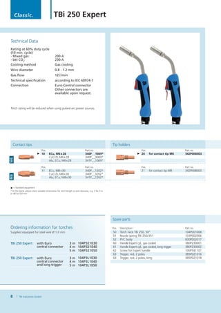 Classic.                                 TBi 250 Expert


Technical Data
Rating at 60% duty cycle
(10 min. cycle)
- Mixed gas:                                    200 A
- bei CO2:                                      230 A
Cooling method                                  Gas cooling
Wire diameter                                   0.8 - 1.2 mm
Gas flow                                        12 l /min
Technical specification                         according to IEC 60974-7
Connection                                      Euro-Central connector
                                                Other connectors are
                                                available upon request.



Torch rating will be reduced when using pulsed-arc power sources.




    Contact tips                                                                                       Tip holders
                                 Pos.                                           Part no.                                        Pos.                         Part no.
                            ► 10         ECu, M6 x 28                           340P_ _1069*                                ► 20       for contact tip M6    342P006003
                                         CuCrZr, M6 x 28                        340P_ _3069*
M6




                                         Alu, ECu, M6 x 28                      341P_ _1069*

                                 Pos.                                           Part no.                                        Pos.                         Part no.
                                 11      ECu, M8 x 30                           340P_ _1262*                                    21     for contact tip M8    342P008003
                                         CuCrZr, M8 x 30                        340P_ _3262*
M8




                                         Alu, ECu, M8 x 30                      341P_ _1262*


► =  Standard equipment
* At the blank, please insert suitable information for torch length or wire diameter, e.g. 3 for 3 m
or 08 for 0.8 mm.




                                                                                                       Spare parts

Ordering information for torches                                                                       Pos.   Description                                    Part no.
Supplied equipped for steel wire Ø 1.0 mm                                                              50     Torch neck TBi 250, 50°                        104P001008
                                                                                                       51     Nozzle spring TBi 250    51
                                                                                                                                      /3                     103P002006
                                                                                                       52     PVC body                                       600P002017
TBi 250 Expert              with Euro                          3 m 104P321030                          60     Handle Expert cpl., gas cooled                 380P230001
                            central connector                  4 m 104P321040                          61     Handle Expert cpl., gas cooled, long trigger   380P230002
                                                               5 m 104P321050                          62     Screw for Expert handle                        100P541101
                                                                                                       63     Trigger, red, 2 poles                          385P021016
TBi 250 Expert              with Euro                          3 m 104P3L1030                          64     Trigger, red, 2 poles, long                    385P021018
                            central connector                  4 m 104P3L1040
                            and long trigger                   5 m 104P3L1050




8        TBi Industries GmbH
 