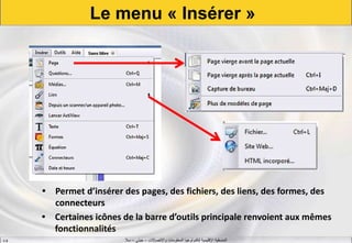 ‫واالتصاالت‬ ‫المعلومات‬ ‫لتكنولوجيا‬ ‫اإلقليمية‬ ‫المنسقية‬–‫جيني‬–‫سال‬S.B
Le menu « Insérer »
• Permet d’insérer des pages, des fichiers, des liens, des formes, des
connecteurs
• Certaines icônes de la barre d’outils principale renvoient aux mêmes
fonctionnalités
 