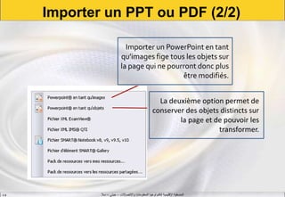 ‫واالتصاالت‬ ‫المعلومات‬ ‫لتكنولوجيا‬ ‫اإلقليمية‬ ‫المنسقية‬–‫جيني‬–‫سال‬S.B
Importer un PPT ou PDF (2/2)
La deuxième option permet de
conserver des objets distincts sur
la page et de pouvoir les
transformer.
Importer un PowerPoint en tant
qu’images fige tous les objets sur
la page qui ne pourront donc plus
être modifiés.
 