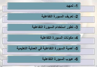 ‫واالتصاالت‬ ‫المعلومات‬ ‫لتكنولوجيا‬ ‫اإلقليمية‬ ‫المنسقية‬–‫جيني‬–‫سال‬S.B
1-‫تمهيد‬
2-‫التفاعلية‬ ‫السبورة‬ ‫تعريف‬
3-‫التفاعلية‬ ‫السبورة‬ ‫استخدام‬ ‫تطور‬
4-‫التفاعلية‬ ‫السبورة‬ ‫مكونات‬
5-‫التعلي‬ ‫العملية‬ ‫في‬ ‫التفاعلية‬ ‫السبورة‬ ‫أهمية‬‫مية‬
6-‫التفاعلية‬ ‫السبورة‬ ‫عيوب‬
 