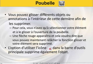 ‫واالتصاالت‬ ‫المعلومات‬ ‫لتكنولوجيا‬ ‫اإلقليمية‬ ‫المنسقية‬–‫جيني‬–‫سال‬S.B
Poubelle
• Vous pouvez glisser différents objets ou
annotations à l’intérieur de cette dernière afin de
les supprimer.
– Pour cela, vous n’avez qu’à sélectionner votre élément
et à le glisser à l’ouverture de la poubelle.
– Une flèche rouge apparaîtra et cela voudra dire que
vous pouvez maintenant relâcher la fonction glisser et
votre élément sera supprimé.
• L’option d’utiliser l’icône dans la barre d’outils
principale supprime également l’objet.
 