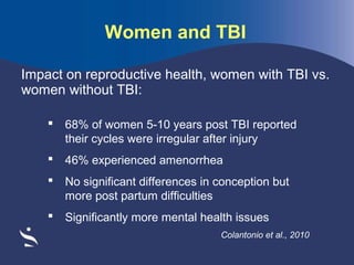 Women and TBI
Impact on reproductive health, women with TBI vs.
women without TBI:


68% of women 5-10 years post TBI reported
their cycles were irregular after injury



46% experienced amenorrhea



No significant differences in conception but
more post partum difficulties



Significantly more mental health issues
Colantonio et al., 2010

 