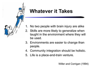 Whatever it Takes
1. No two people with brain injury are alike
2. Skills are more likely to generalize when
taught in the environment where they will
be used.
3. Environments are easier to change than
people.
4. Community integration should be holistic.
5. Life is a place-and-train venture.
Willer and Corrigan (1994)

 