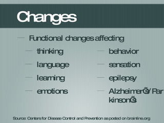 Changes
                                      Functional changes affecting
                                             thinking                                               behavior
                                             language                                               sensation
                                             learning                                               epilepsy
                                             emotions                                               Alzheimer’s/
                                                                                                    Parkinson’s

                                        Source: Centers for Disease Control and Prevention as posted on brainline.org
© Lindamood-Bell Learning Processes
 